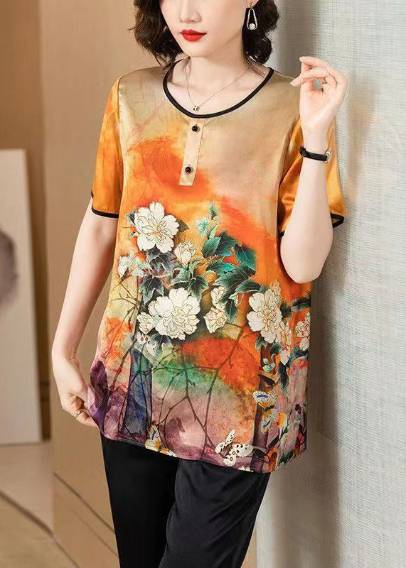 Loose Orange O Neck Print Patchwork Silk T Shirt Summer