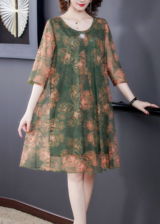 Loose Orange O Neck Print Tulle Dress Summer