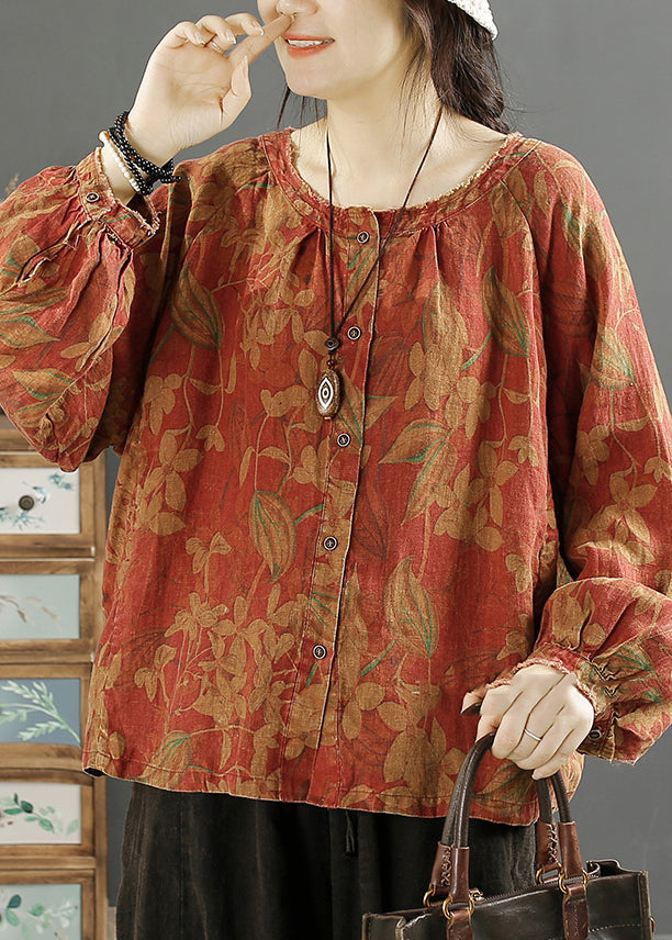 Loose Orange Oversized Print Linen Blouse Top Spring