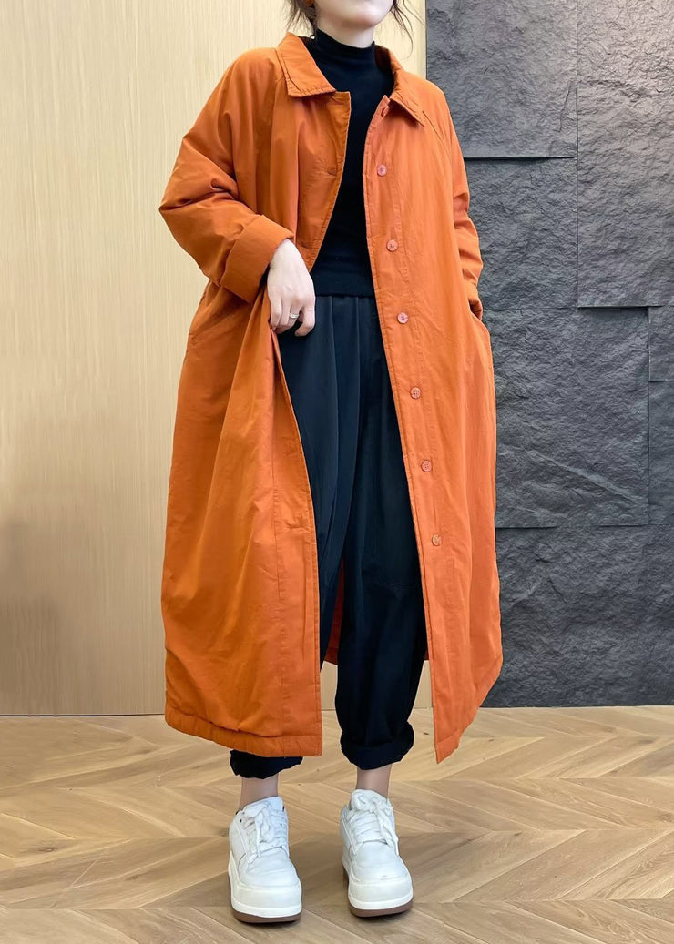 Loose Orange Peter Pan Collar Button Pockets Parka Winter