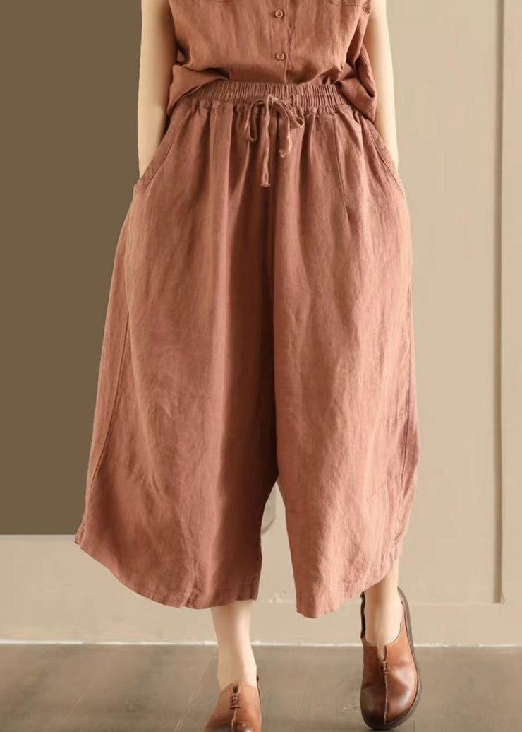 Loose Orange Pockets Elastic Waist Linen Wide Leg Pants Summer