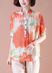 Loose Orange Print Button Cotton T Shirt Summer