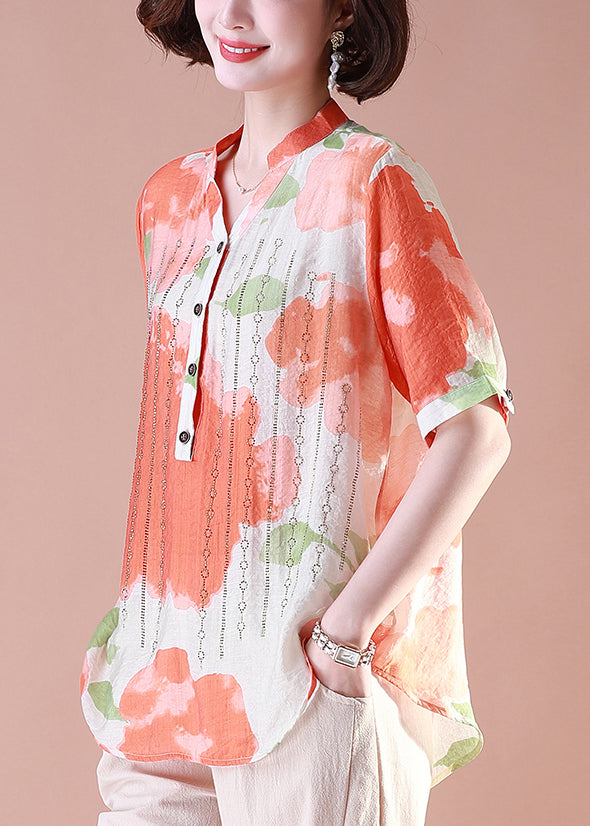 Loose Orange Print Button Cotton T Shirt Summer