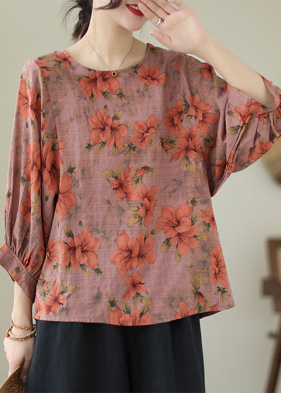 Loose Orange Print Cozy Cotton Top Summer