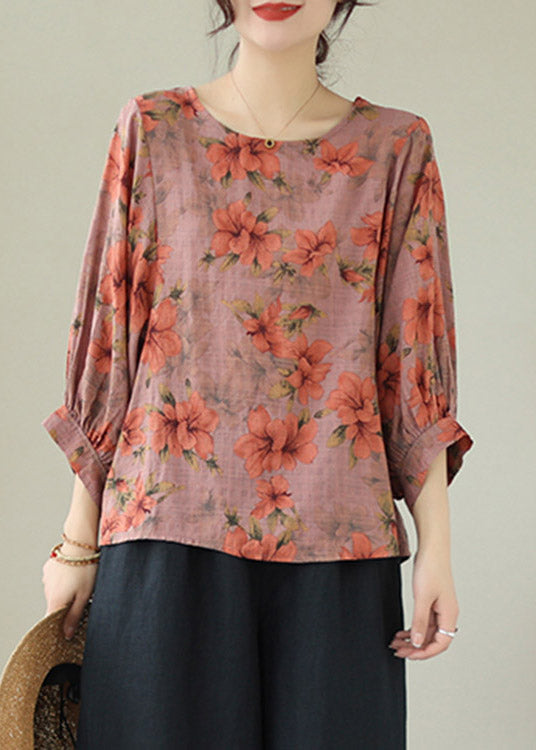 Loose Orange Print Cozy Cotton Top Summer