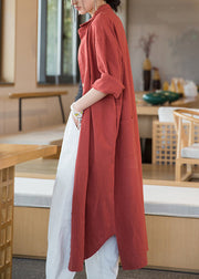 Loose Orange Red Button Side Open Linen Long Coats Long Sleeve