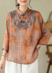 Loose Orange Stand Collar Embroideried Print Cotton Shirt Bracelet Sleeve