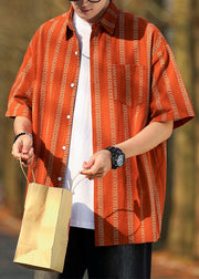 Loose Orange Striped Button Cotton Mens Shirt Half Sleeve