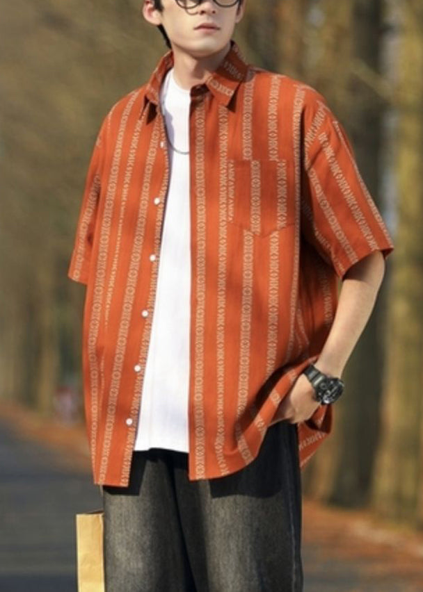 Loose Orange Striped Button Cotton Mens Shirt Half Sleeve