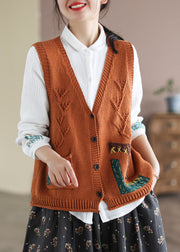 Loose Orange V Neck Patchwork Applique Knit Vest Sleeveless