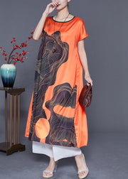 Loose Orange V Neck Print Draping Silk Party Dress Summer