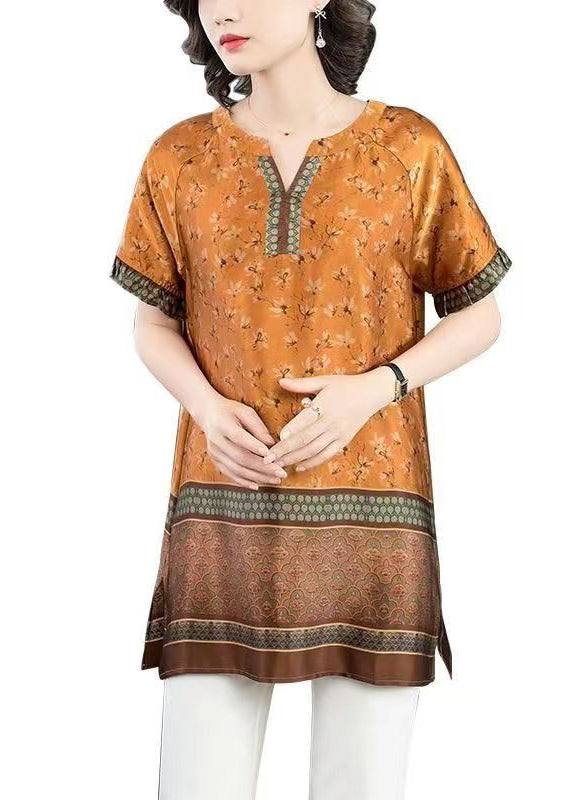 Loose Orange V Neck Print Side Open Patchwork Silk T Shirts Summer