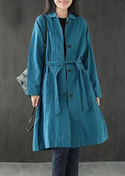 Loose Peacock Blue Button Pockets Tie Waist Cotton Coat Fall