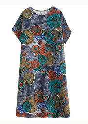 Loose Peacock Blue O Neck Pockets Print Patchwork Cotton Dresses Summer