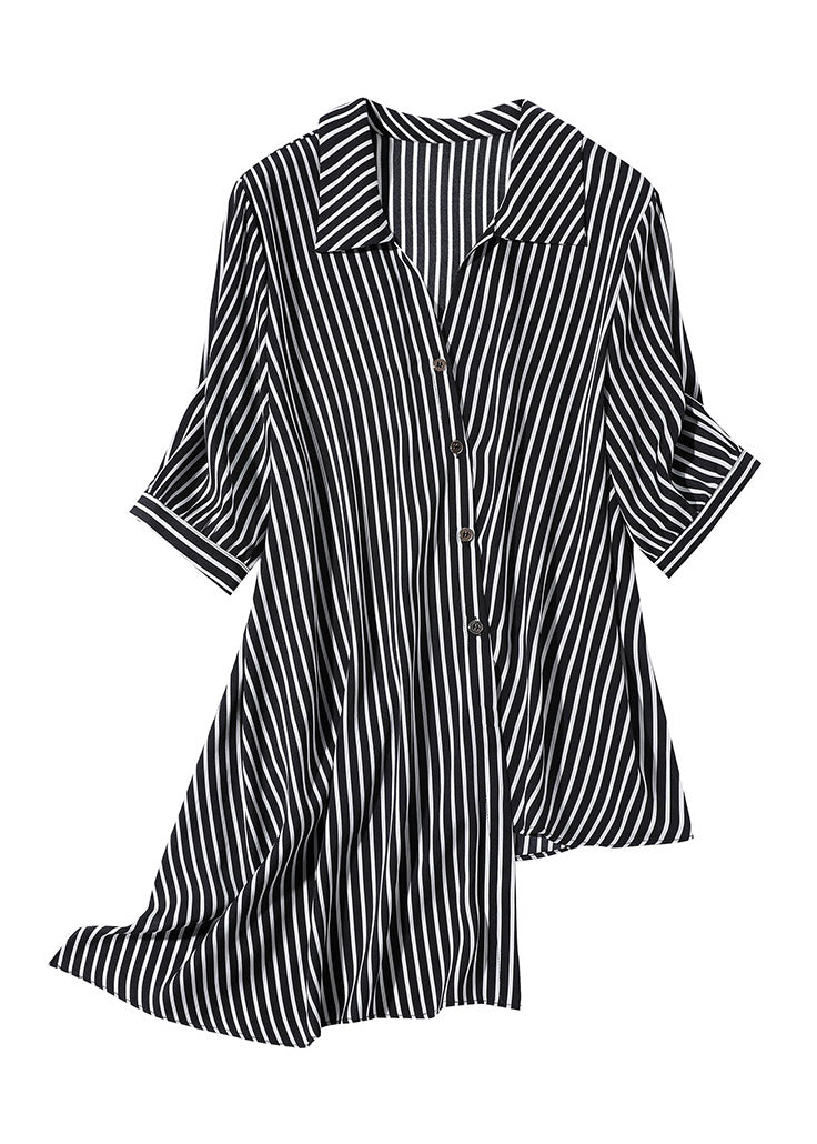 Loose Peter Pan Collar Asymmetrical Striped Silk Shirt Half Sleeve