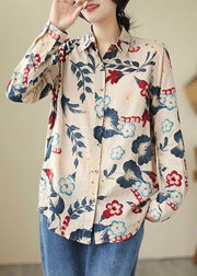 Loose Peter Pan Collar Button Print Cotton Shirt Long Sleeve