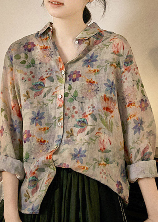 Loose Peter Pan Collar Print Button Low High Design Linen Shirt Long Sleeve