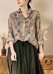 Loose Peter Pan Collar Print Button Low High Design Linen Shirt Long Sleeve