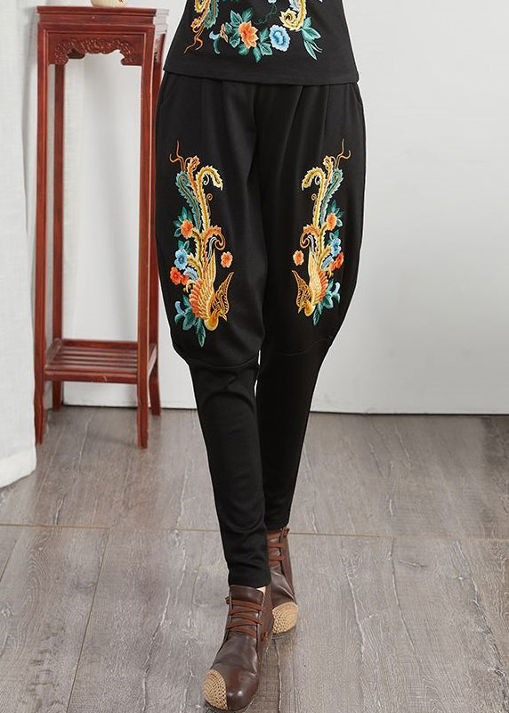 Loose Phoenix Embroideried Pockets Patchwork Cotton Pants Fall