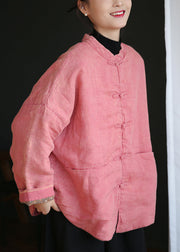 Loose Pink Button Pockets Cotton Filled Coats Long Sleeve