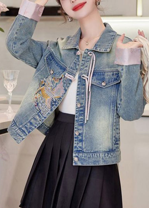 Loose Pink Embroidered Button Denim Coat Long Sleeve