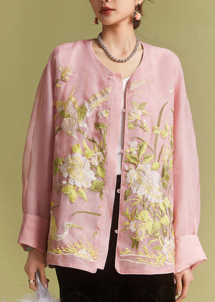 Loose Pink Embroidered Button Tulle Blouses Fall