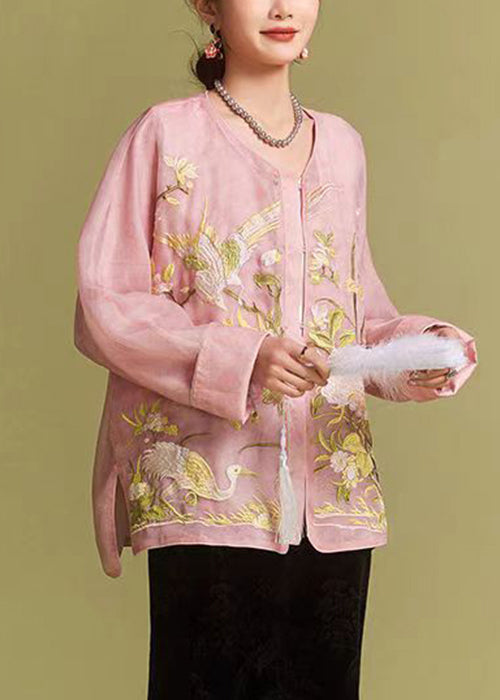 Loose Pink Embroidered Button Tulle Blouses Fall