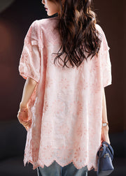 Loose Pink Embroidered Nail Bead Cotton Top Summer