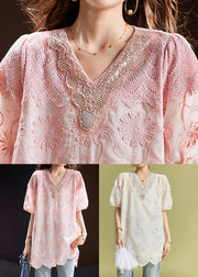 Loose Pink Embroidered Nail Bead Cotton Top Summer