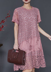 Loose Pink Embroidered Patchwork Lace Dress Summer