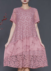 Loose Pink Embroidered Patchwork Lace Dress Summer