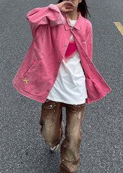 Loose Pink Embroideried Button Patchwork Denim Coats Fall