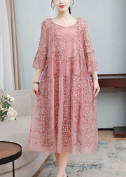 Loose Pink Embroideried Ruffled Lace Up Silk Dresses Flare Sleeve