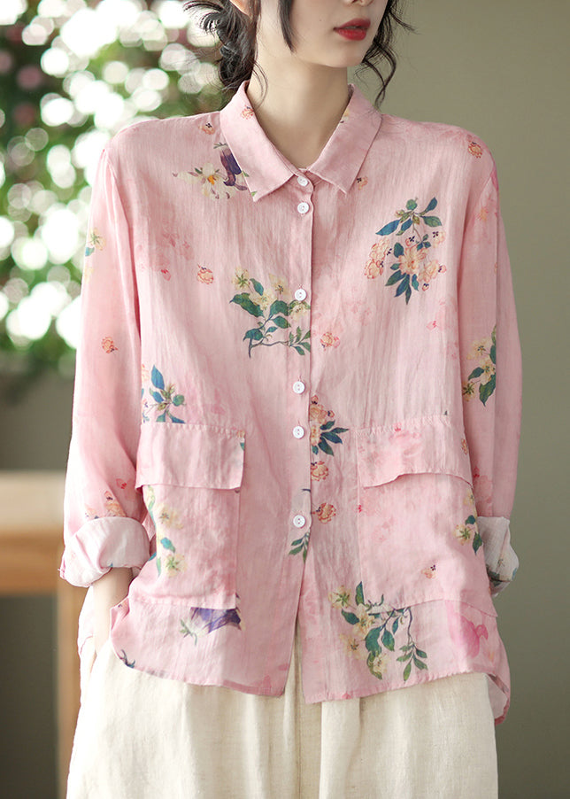 Loose Pink Low High Design Linen Shirt Long Sleeve