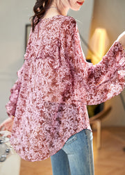 Loose Pink O Neck Print Chiffon Shirt Tops Long Sleeve