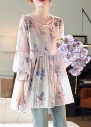 Loose Pink O Neck Print Shirt Long Sleeve