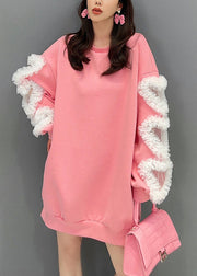 Loose Pink O Neck Tulle Patchwork Cotton Sweatshirt Long Sleeve