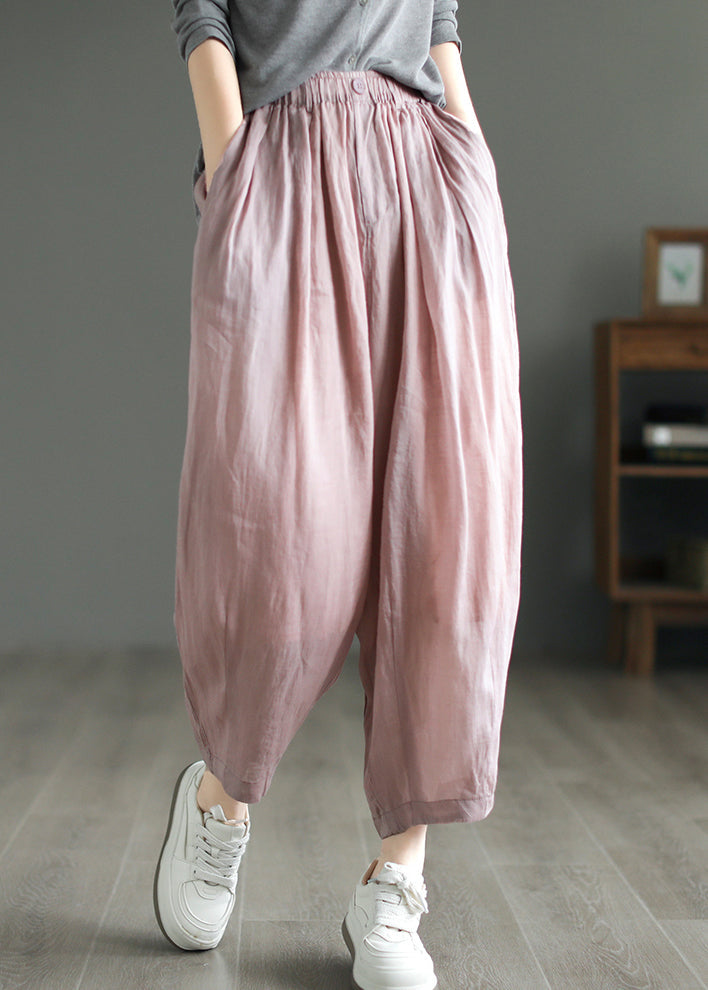 Loose Pink Pockets Elastic Waist Linen Pants Summer