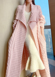 Loose Pink Pockets Hollow Out Wool Loose Cardigan Winter