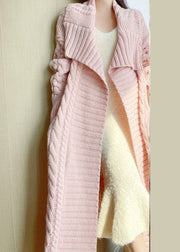 Loose Pink Pockets Hollow Out Wool Loose Cardigan Winter