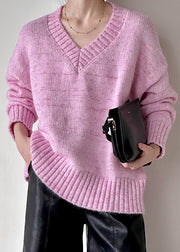 Loose Pink V Neck Hollow Out Cotton Knit Sweater Fall