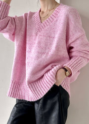 Loose Pink V Neck Hollow Out Cotton Knit Sweater Fall