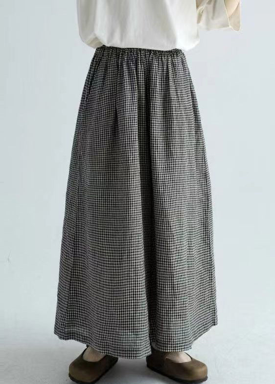 Loose Plaid Pockets Elastic Waist Cotton Wide Leg Pants Spring