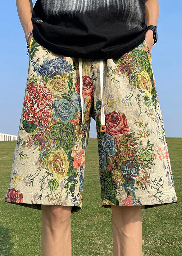 Loose Print Pockets Elastic Waist Cotton Men Beach Shorts Summer