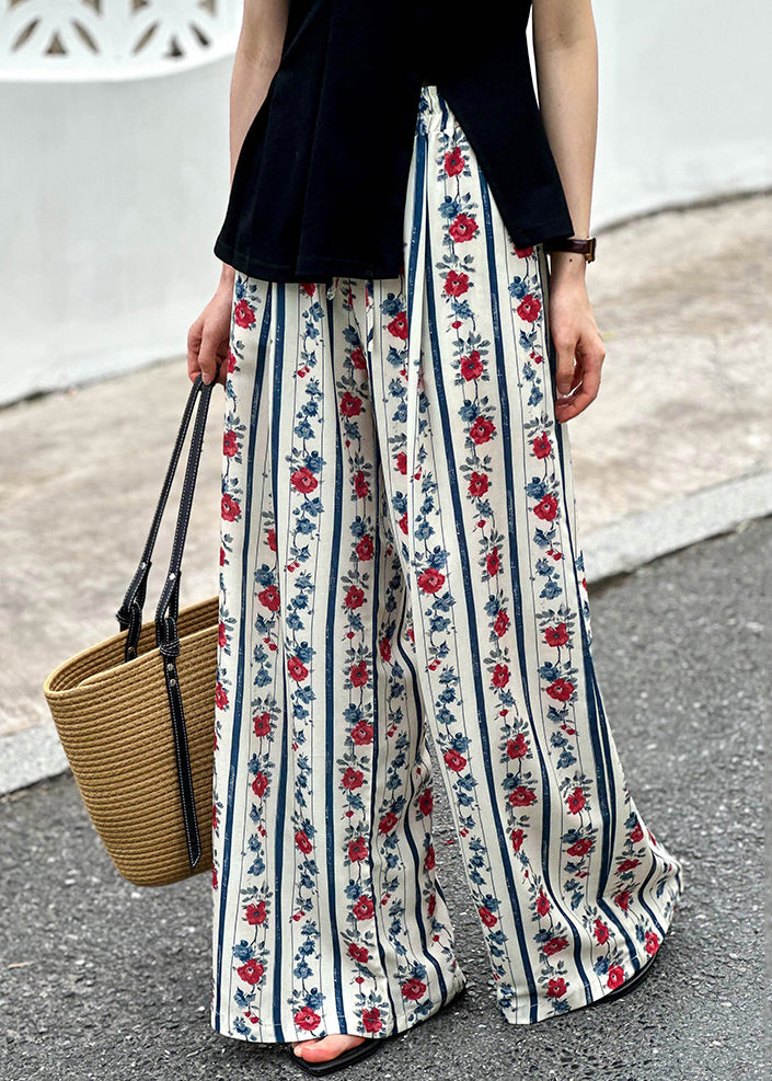 Loose Print Pockets Elastic Waist Wide Leg Pants Summer