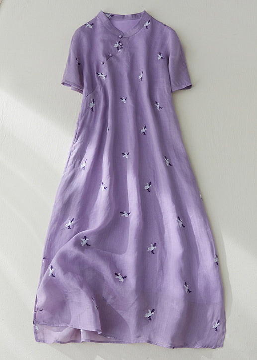 Loose Purple Embroidered Button Pockets Cotton Dress Summer