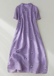 Loose Purple Embroidered Button Pockets Cotton Dress Summer