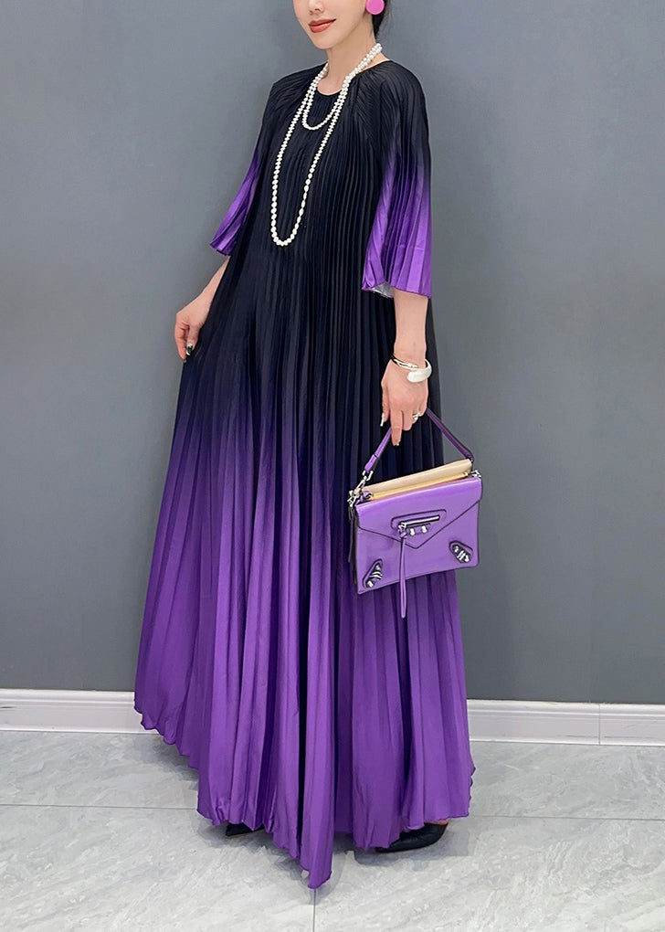 Loose Purple Gradient O Neck Wrinkled Cotton Long Dress Summer