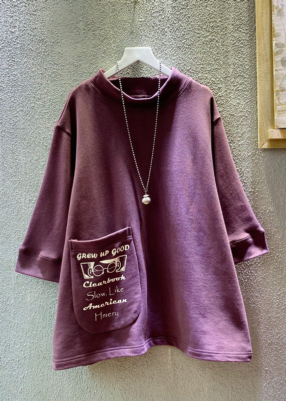 Loose Purple O-Neck Graphic Pockets Sweatshirts Summer