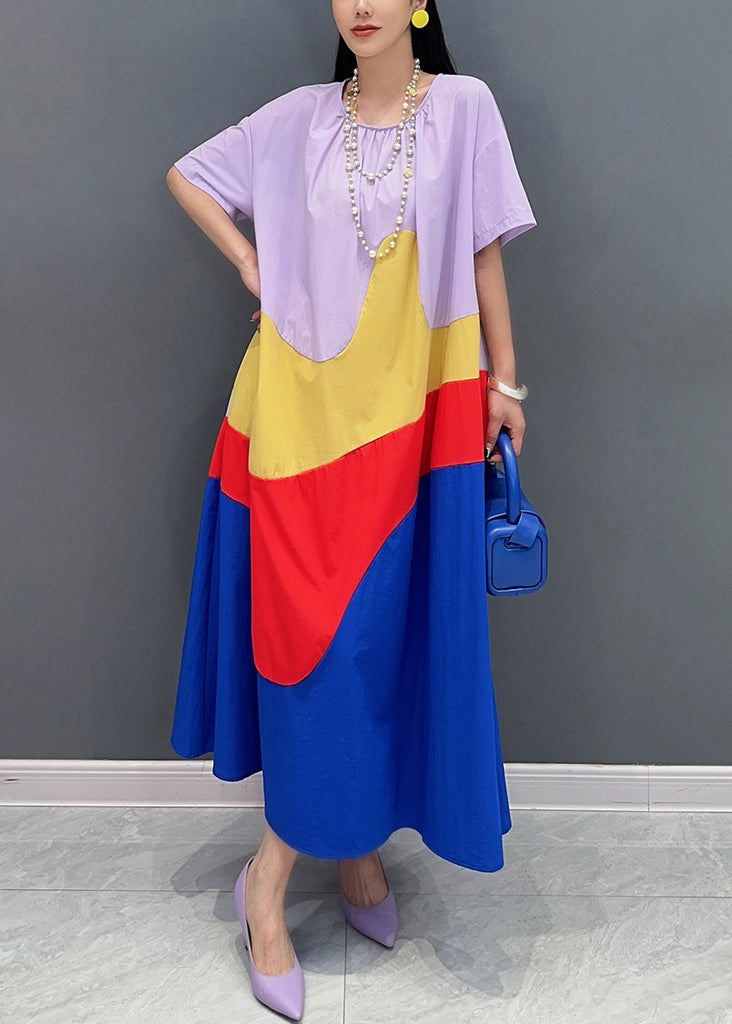 Loose Purple O Neck Patchwork Cotton Long Dress Summer